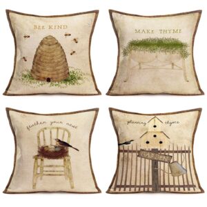 xihomeli set of 4 vintage garden style cotton linen pillow cases bee honeycomb/herb thyme/bird’s nest/wood fence with frame decorative pillow cover farmhouse cushion cover 18" x 18" (4 pack garden)