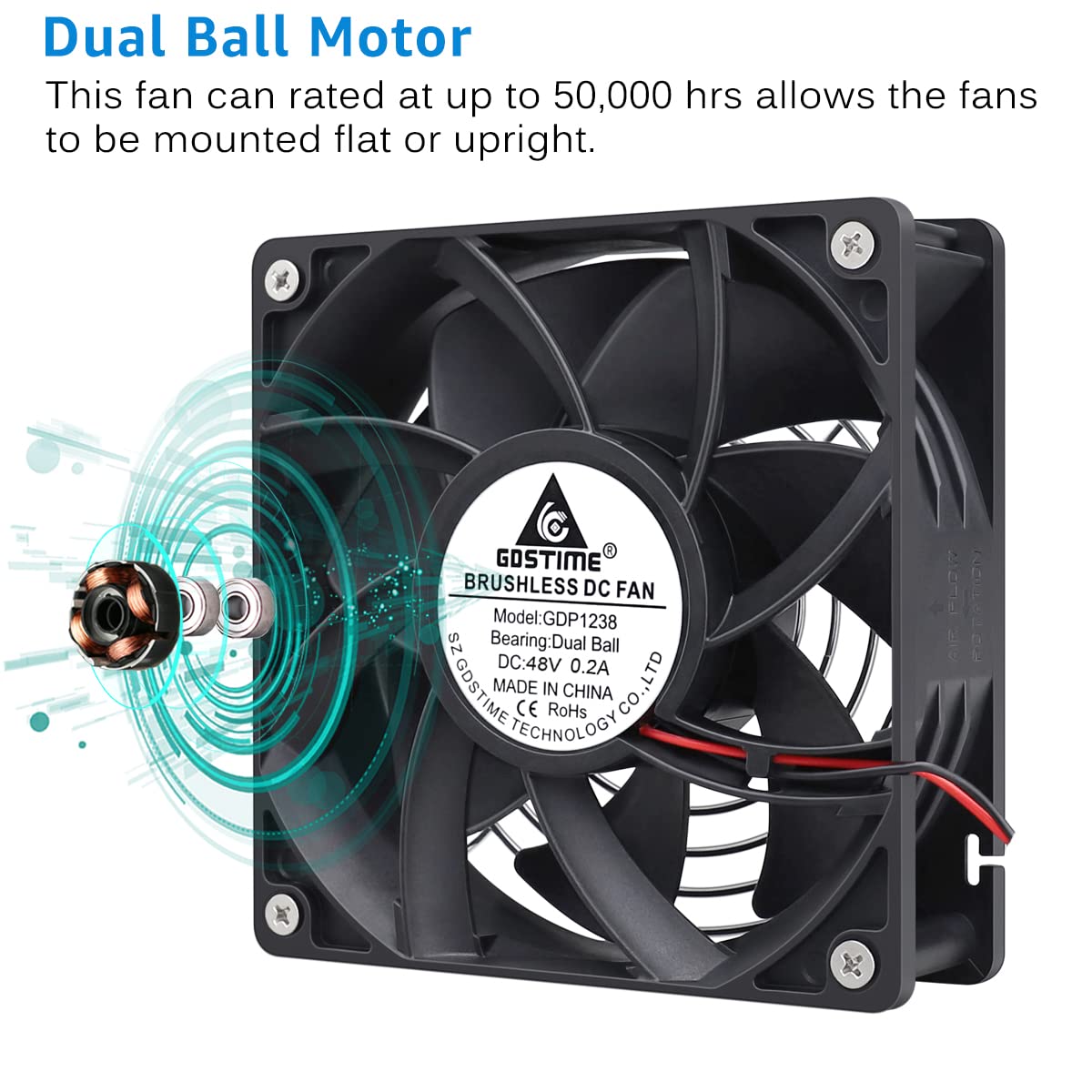 GDSTIME 1238 48V Fan, 120mm x 38mm Dual Ball Bearings DC Brushless Cooling Fan