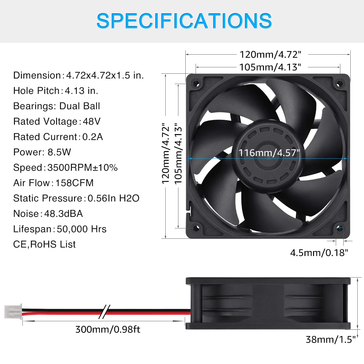 GDSTIME 1238 48V Fan, 120mm x 38mm Dual Ball Bearings DC Brushless Cooling Fan