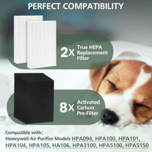 HPA100 True HEPA Filter Replacement HRF-ARVP100 for Honeywell HPA100 Series Air Purifier, HPA094, HPA104, HPA105 HPA3100, HPA5100 Series, 2 HEPA R and 8 Precut Carbon Pre-Filters A