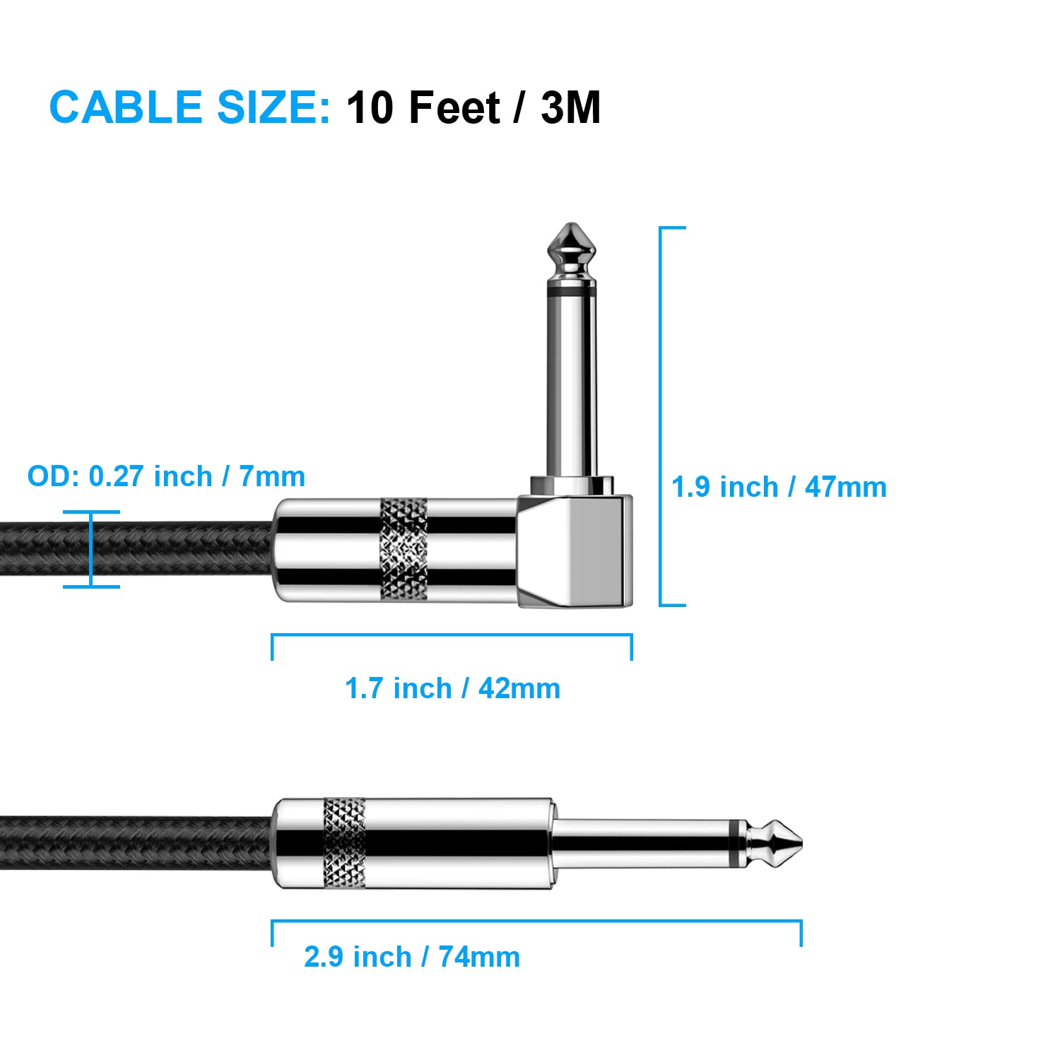 New bee Guitar Cable 10ft Electric Instrument Bass AMP Cord for Electric Mandolin, Pro Audio (Right Angle to Straight, Black)