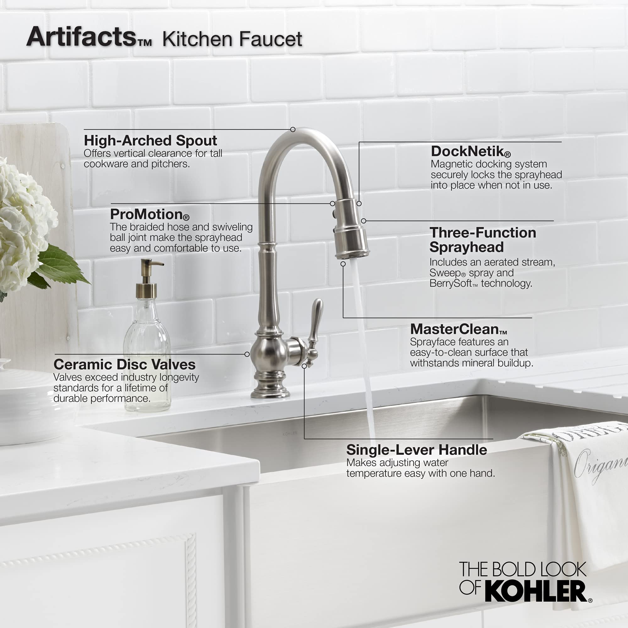 Kohler K-29709-VS Artifacts Touchless Kitchen Faucet with Pull Down Sprayer, Kitchen Sink Faucet in Vibrant Stainless