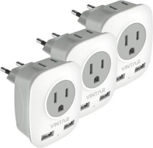 [3-pack] european travel plug adapter, vintar international power plug adapter with 2 usb ports,2 american outlets- 4 in 1 travel essentials to france, germany, greece, italy, israel, spain (type c)