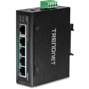 trendnet 5-port industrial fast ethernet din-rail switch, 4 x fast ethernet poe+ ports, 1 x fast ethernet port, 90w poe power budget, din-rail, ip30 rated, lifetime protection, black, ti-pe50
