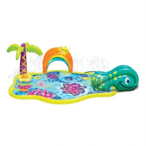 banzai splish 'n splash kids inflatable outdoor water park play mat with water slide, rainbow canopy, starfish stacker, and sprinklers