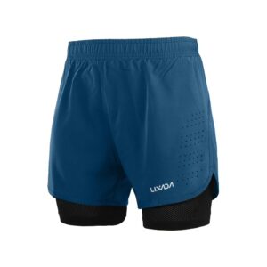 lixada men's 2-in-1 running shorts quick drying breathable active training exercise jogging cycling shorts with longer liner & reflective elements, black/blue/green/grey (dark blue, s)