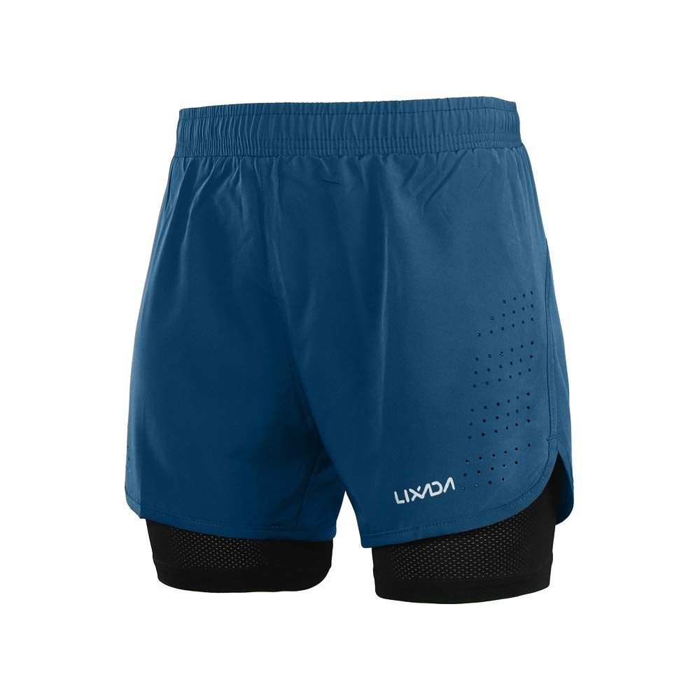 LIXADA Men's 2-in-1 Running Shorts Quick Drying Breathable Active Training Exercise Jogging Cycling Shorts with Longer Liner & Reflective Elements, Black/Blue/Green/Grey (Dark Blue, S)