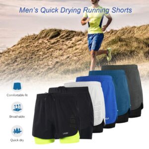 LIXADA Men's 2-in-1 Running Shorts Quick Drying Breathable Active Training Exercise Jogging Cycling Shorts with Longer Liner & Reflective Elements, Black/Blue/Green/Grey (Dark Blue, S)