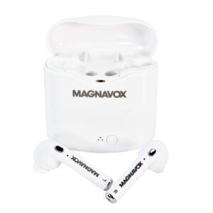 magnavox mbh570 bluetooth mini wireless ear buds with charging case in white