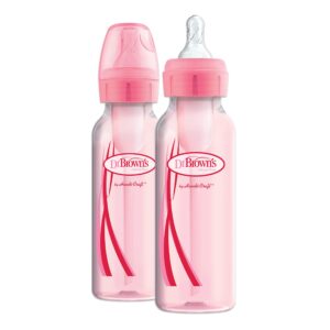 Dr. Brown’s Natural Flow® Anti-Colic Options+™ Narrow Baby Bottles, 8 oz/250ml, with Level 1 Slow Flow Nipple, 4 Pack, Pink/Clear