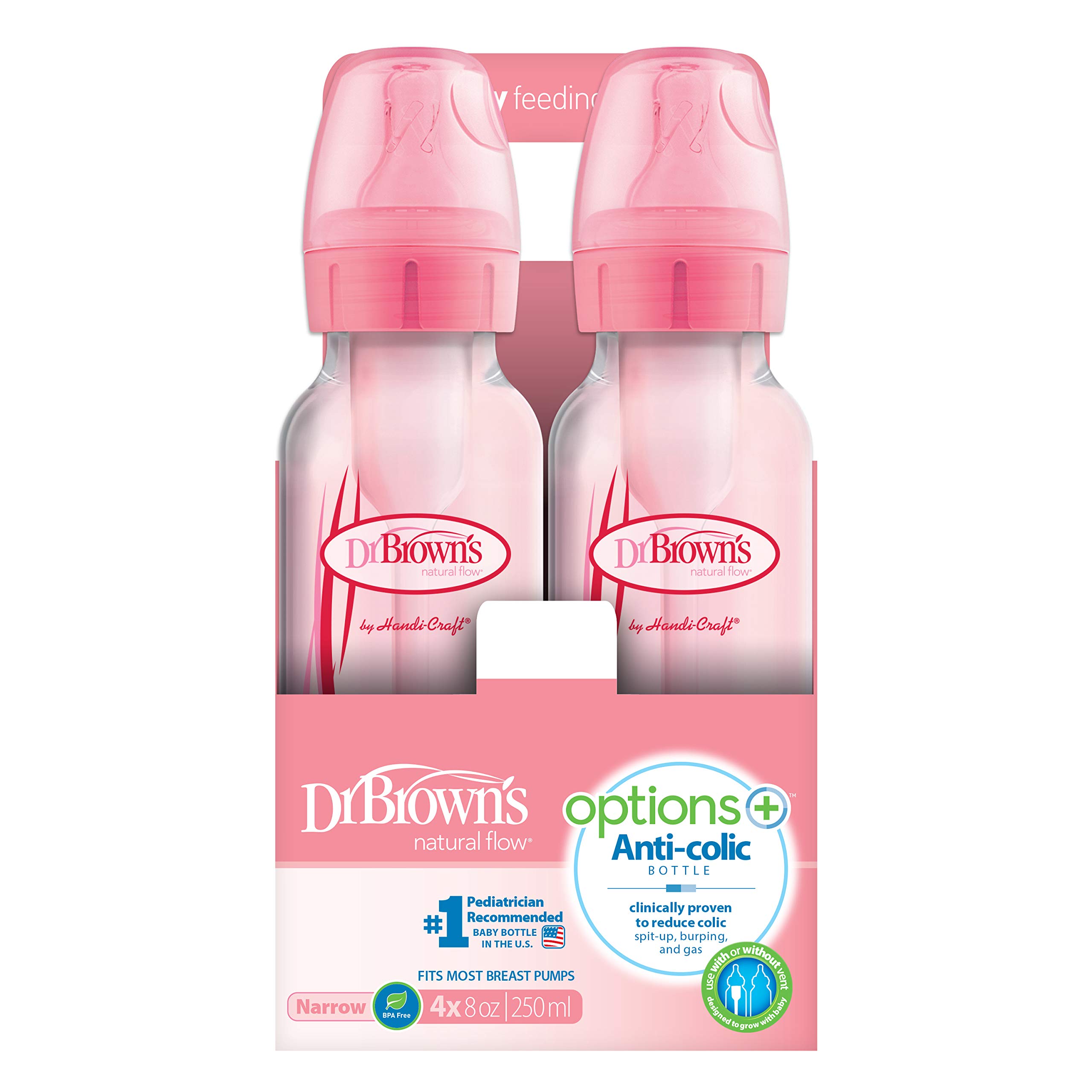 Dr. Brown’s Natural Flow® Anti-Colic Options+™ Narrow Baby Bottles, 8 oz/250ml, with Level 1 Slow Flow Nipple, 4 Pack, Pink/Clear