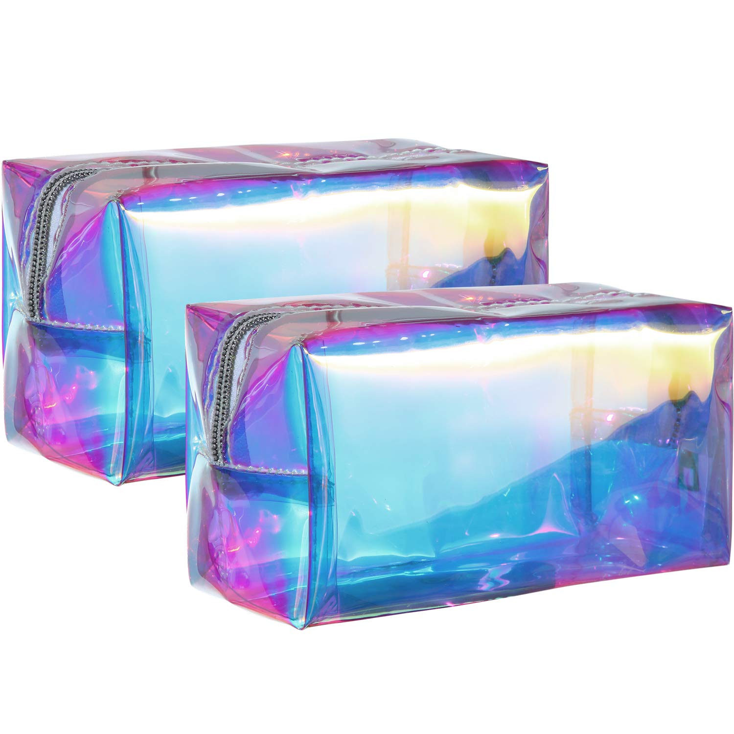 Boao 2 Pieces Clear Iridescent Holographic Makeup Bag Cosmetic Toiletry Bag Pouch Waterproof Portable Skinny Glitter Pencil Case Travel Handbag for Makeup Tools Organize(Plain)