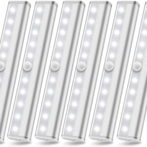 Motion Sensor Closet Lights, 10 Led Battery Powered Lights Led Under Cabinet Lighting Wireless Under Counter Light, Stick On Lights Motion Night Light Bar for Stairs Hallway Kitchen, White 6 Pack