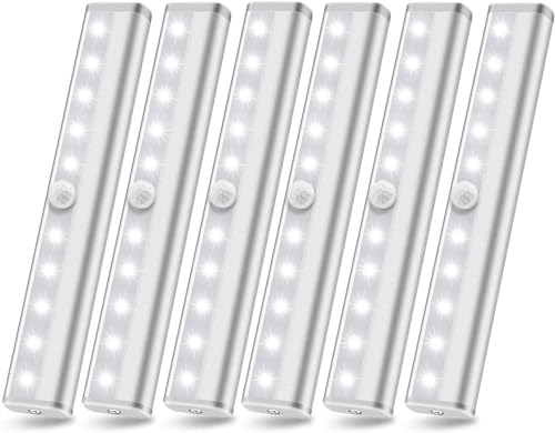 Motion Sensor Closet Lights, 10 Led Battery Powered Lights Led Under Cabinet Lighting Wireless Under Counter Light, Stick On Lights Motion Night Light Bar for Stairs Hallway Kitchen, White 6 Pack