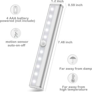 Motion Sensor Closet Lights, 10 Led Battery Powered Lights Led Under Cabinet Lighting Wireless Under Counter Light, Stick On Lights Motion Night Light Bar for Stairs Hallway Kitchen, White 6 Pack