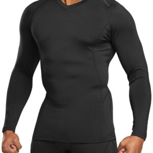 TSLA Men's Thermal V-Neck Long Sleeve Compression Shirts, Athletic Base Layer Top, Winter Gear Running T-Shirt, Heatlock V Neck Black, Small