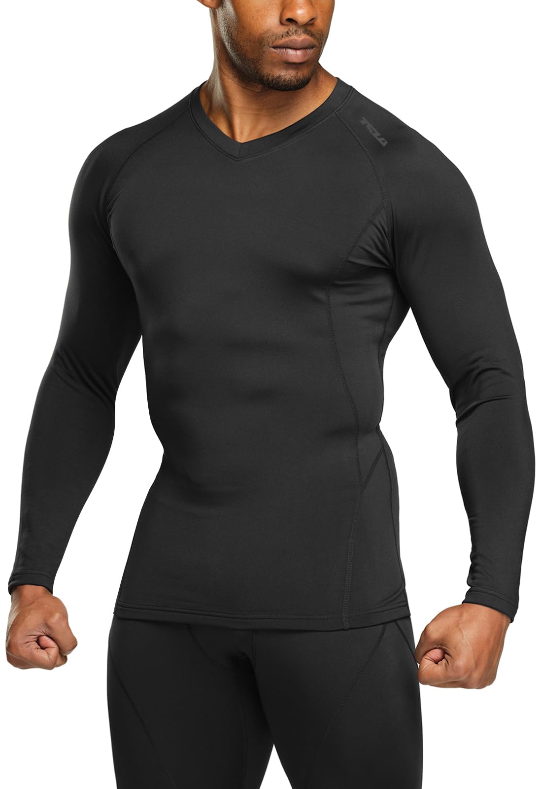 TSLA Men's Thermal V-Neck Long Sleeve Compression Shirts, Athletic Base Layer Top, Winter Gear Running T-Shirt, Heatlock V Neck Black, Small