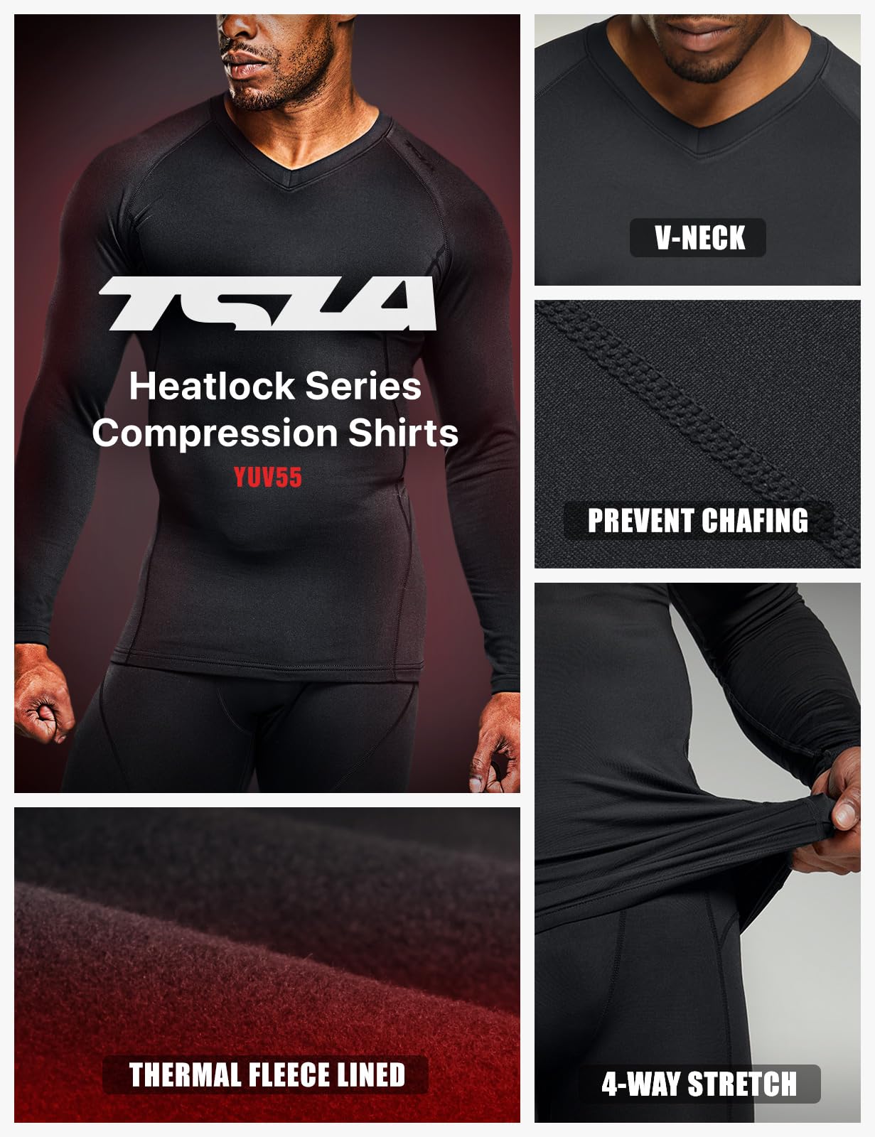 TSLA Men's Thermal V-Neck Long Sleeve Compression Shirts, Athletic Base Layer Top, Winter Gear Running T-Shirt, Heatlock V Neck Black, Small