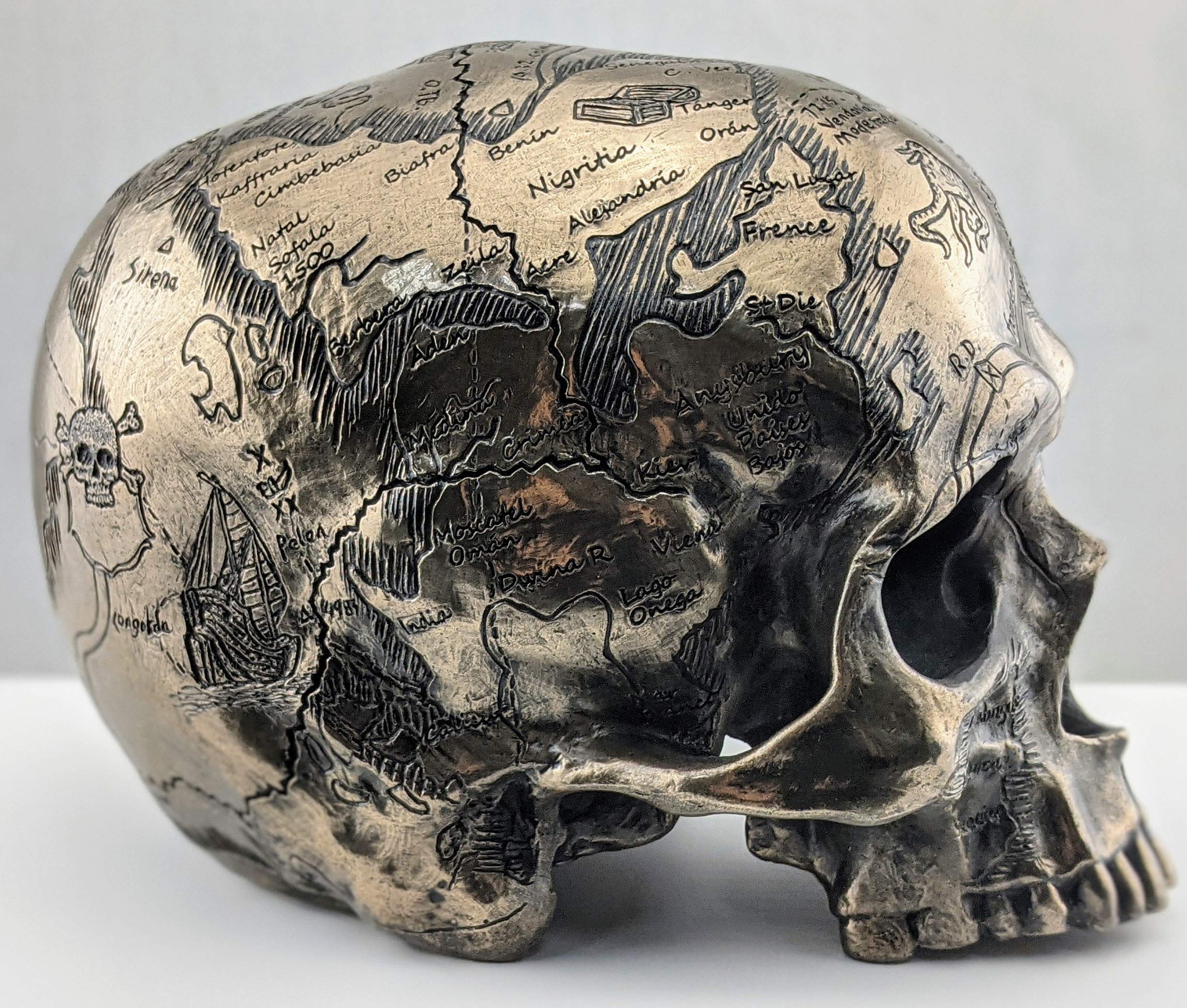 Veronese Design 5 3/8 Inch Craniumography Old Treasure Map Skull Sculpture Cold Cast Resin Bronze Finish Statue