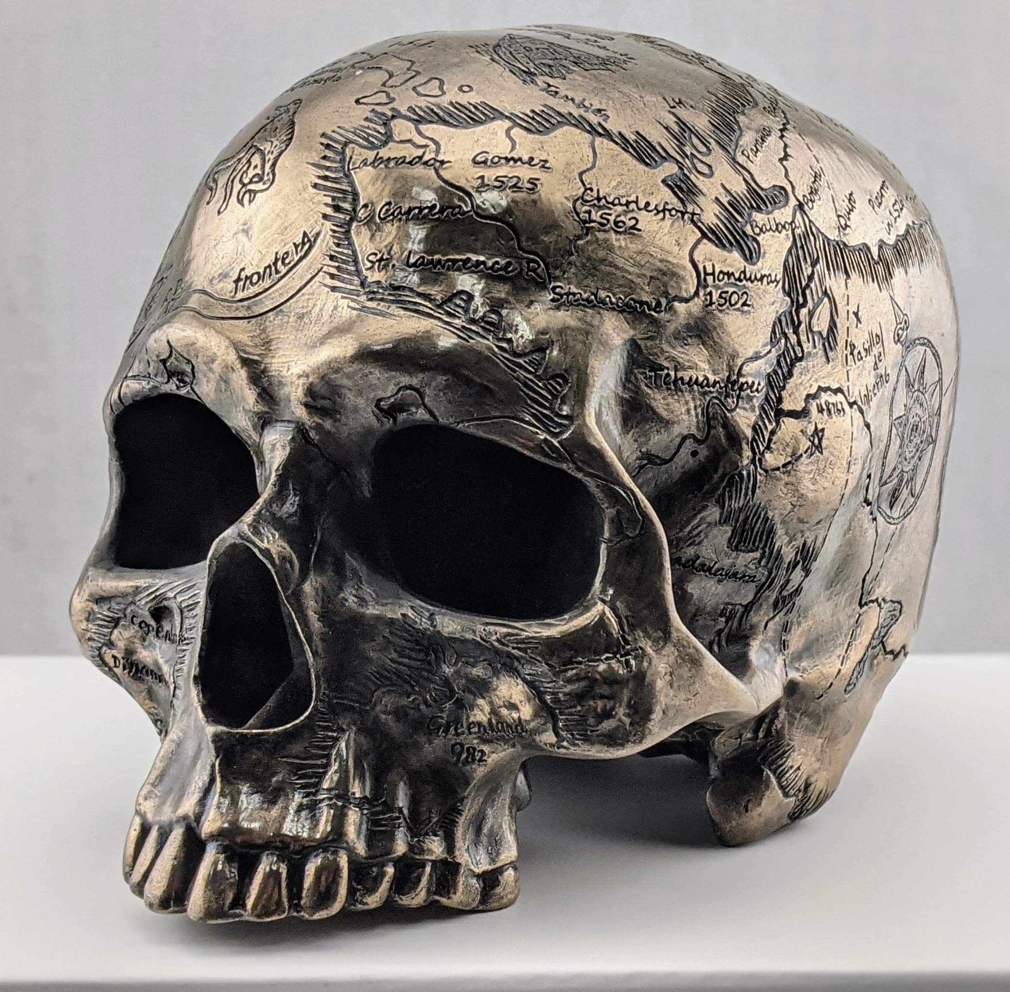 Veronese Design 5 3/8 Inch Craniumography Old Treasure Map Skull Sculpture Cold Cast Resin Bronze Finish Statue