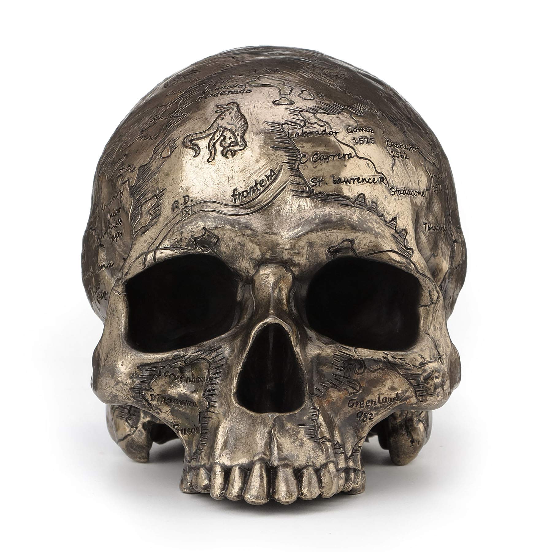 Veronese Design 5 3/8 Inch Craniumography Old Treasure Map Skull Sculpture Cold Cast Resin Bronze Finish Statue