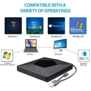 Wihool External Blu Ray CD DVD Drive, Portable 3D Blu-ray Drive USB 3.0 and Type-C DVD Burner Optical Bluray CD DVD Reader for Mac OS, Windows xp/7/8/10, Laptop PC