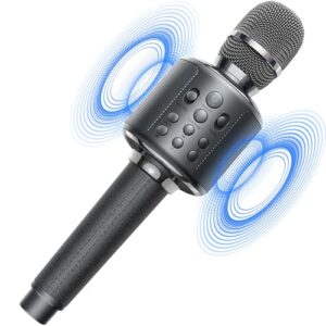 xzl bluetooth karaoke microphone for kids & adults, wireless rechargeable mic with built-in stereo speaker, echo｜duet mode｜recording｜music playback, premium leather handle, portable storage case