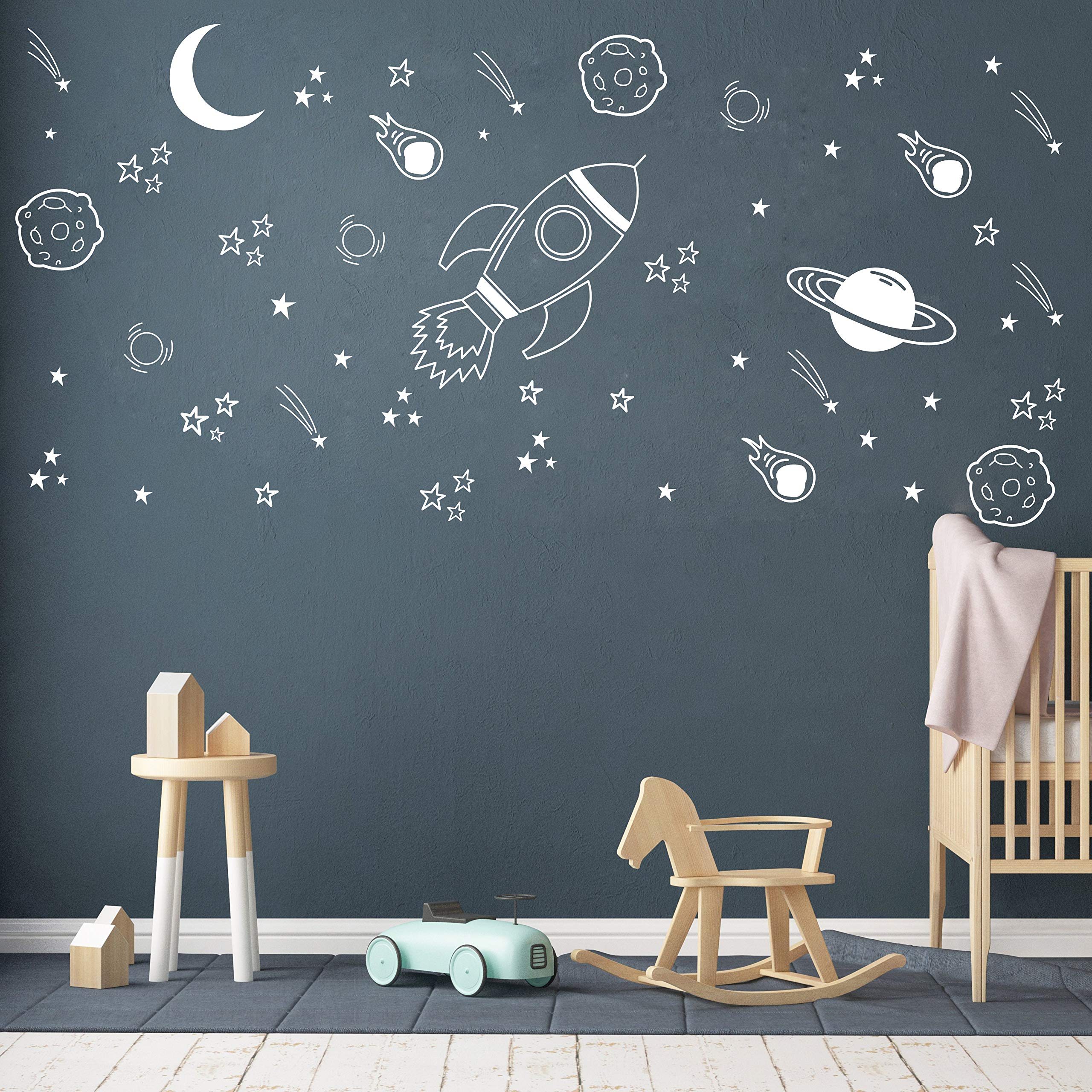 Space Wall Decal Nursery, Outer Space Decor, Rocket Decal, Boy Room Decor, Space Ship Decal, Space Themed Room, Planets Wall Decal for Baby Boys Nursery A37 (White)