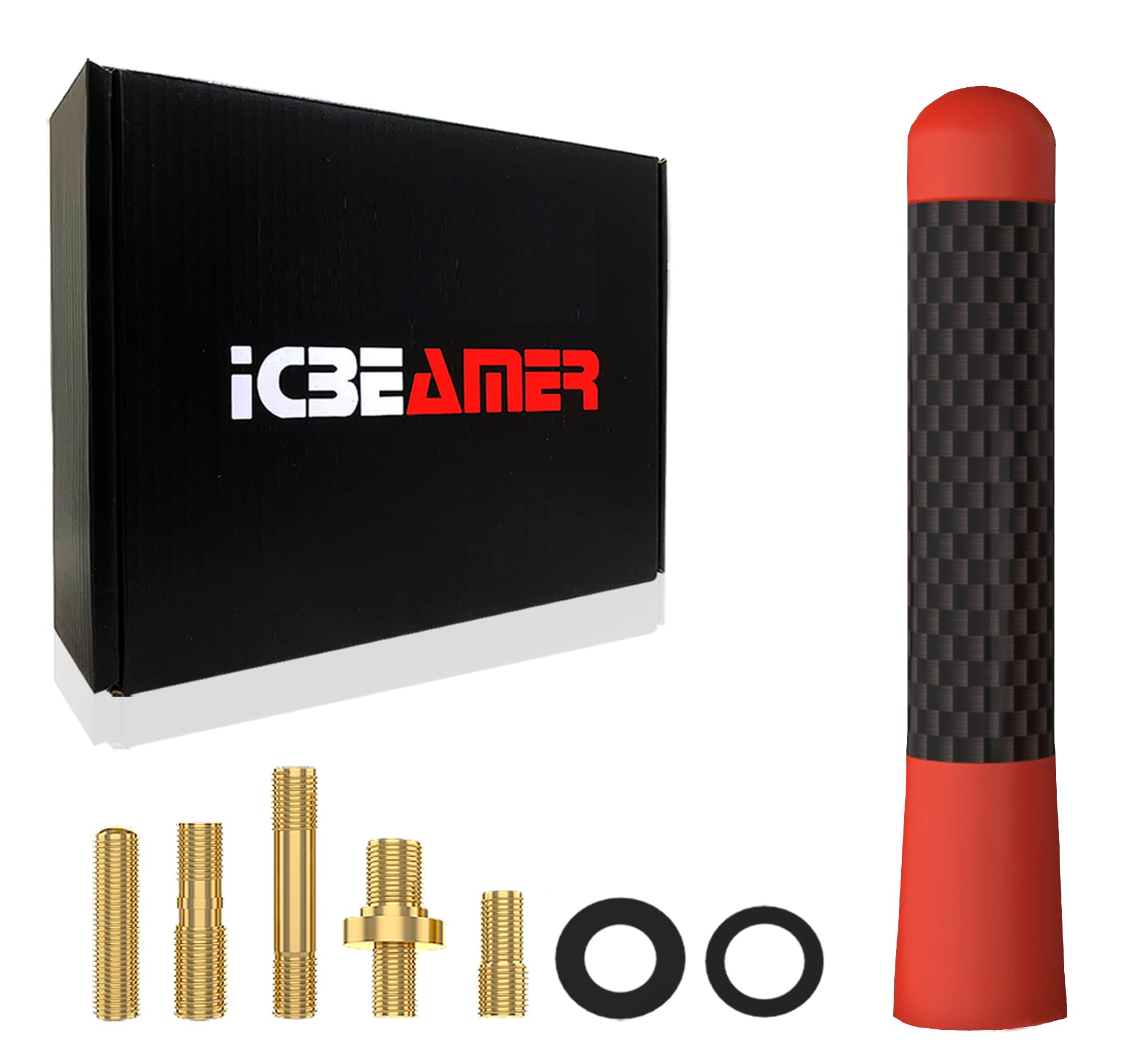 ICBEAMER 3" 76 mm Carbon Fiber Polished Finish & Red Aluminum Short Automotive Antenna with Internal Copper Coil Universal Fit AM/FM Radio Antenna Replacement Compatible for Car, Truck and Van