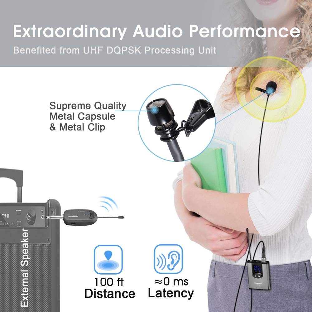 Alvoxcon UHF Dual Channel Wireless Lavalier Microphone System with Volume Control for iPhone, DSLR, PA Speaker, YouTube, Podcast, Video Recording, Conference, Vlogging, Church, Interview, Teaching