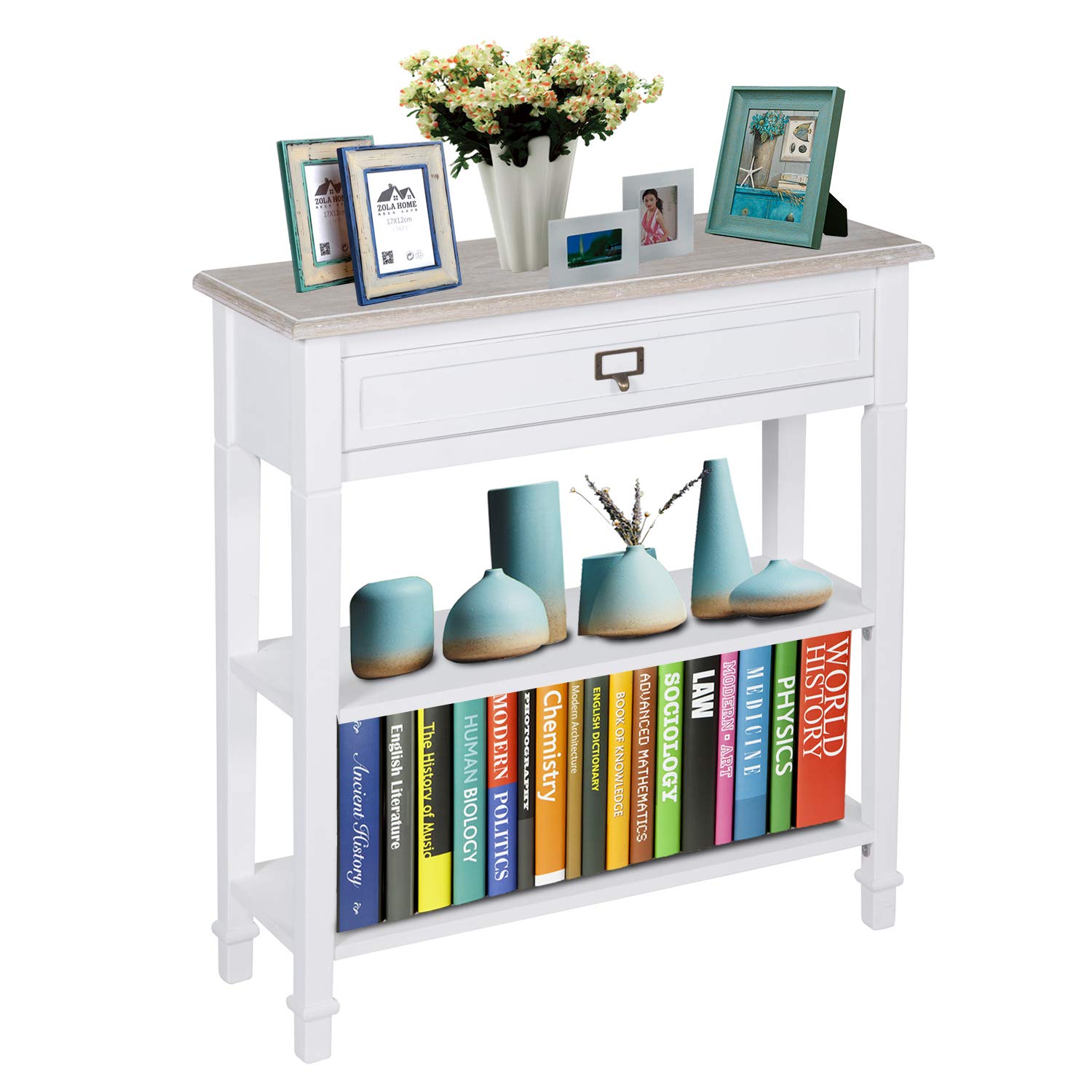 kinbor Accent White Console Table with Drawer and Shelf, Wood Sofa Table with Storage for Entryway Hallway Living Room