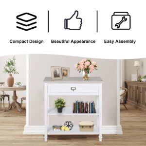 kinbor Accent White Console Table with Drawer and Shelf, Wood Sofa Table with Storage for Entryway Hallway Living Room