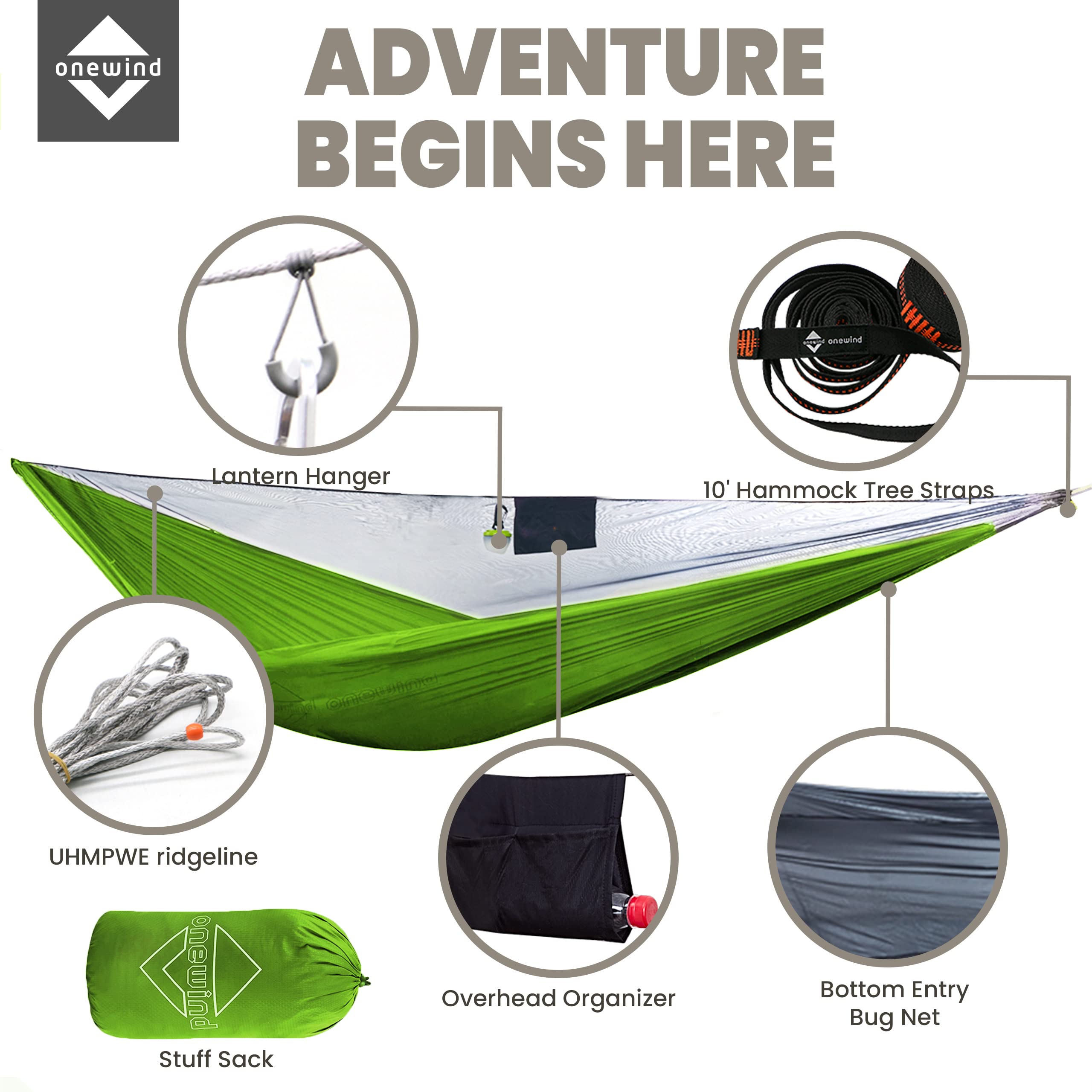 Onewind Camping Hammock with Mosquito Net for Youth Travel Hiking Backpacking Backyard Outside Patio, Sturdy Ripstop Nylon Lightweight Kids Hammock with Tree Straps and Cinch Buckles