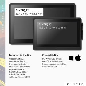 Wacom Cintiq 22 Drawing Tablet with Full HD 21.5-Inch Display Screen, 8192 Pressure Sensitive Pro Pen 2 Tilt Recognition, Compatible with Mac OS Windows,Black