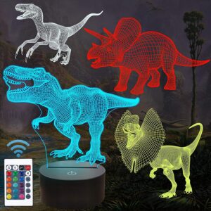 fullosun dinosaur gifts, t-rex dinosaur 3d night light for kids (4 patterns) with remote control & 16 colors changing & dimmable function & gift wrap, xmas birthday gifts for boy girl