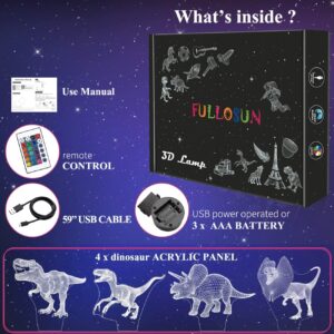 FULLOSUN Dinosaur Gifts, T-rex Dinosaur 3D Night Light for Kids (4 Patterns) with Remote Control & 16 Colors Changing & Dimmable Function & Gift Wrap, Xmas Birthday Gifts for Boy Girl