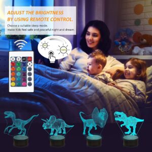 FULLOSUN Dinosaur Gifts, T-rex Dinosaur 3D Night Light for Kids (4 Patterns) with Remote Control & 16 Colors Changing & Dimmable Function & Gift Wrap, Xmas Birthday Gifts for Boy Girl