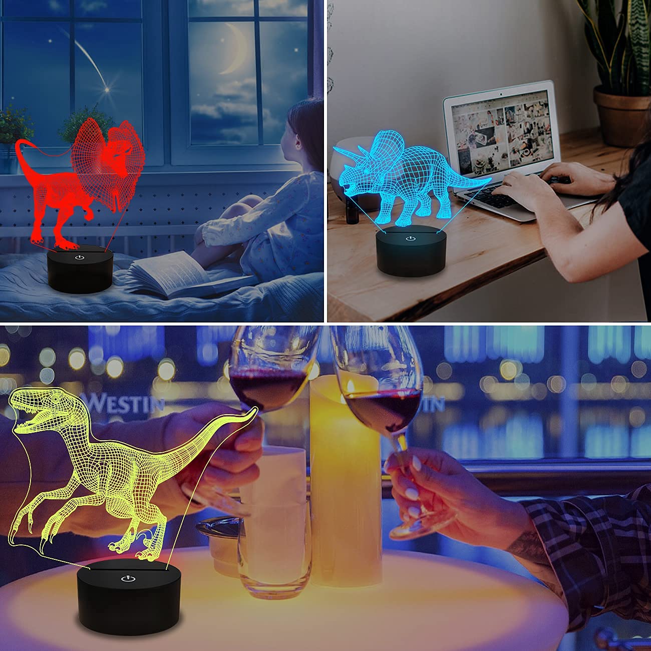 FULLOSUN Dinosaur Gifts, T-rex Dinosaur 3D Night Light for Kids (4 Patterns) with Remote Control & 16 Colors Changing & Dimmable Function & Gift Wrap, Xmas Birthday Gifts for Boy Girl