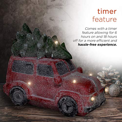 Alpine Corporation QWR916 Alpine Retro Red Car with Christmas Tree, LED Lights, and Music, Indoor Festive Decor for Home Holiday décor, Multi