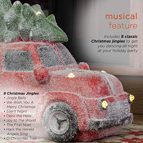 Alpine Corporation QWR916 Alpine Retro Red Car with Christmas Tree, LED Lights, and Music, Indoor Festive Decor for Home Holiday décor, Multi