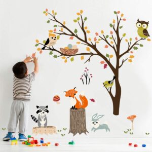 decalmile Woodland Wall Decals Animals Tree Owl Fox Deer Wall Stickers Kids Bedroom Baby Nursery Wall Decor