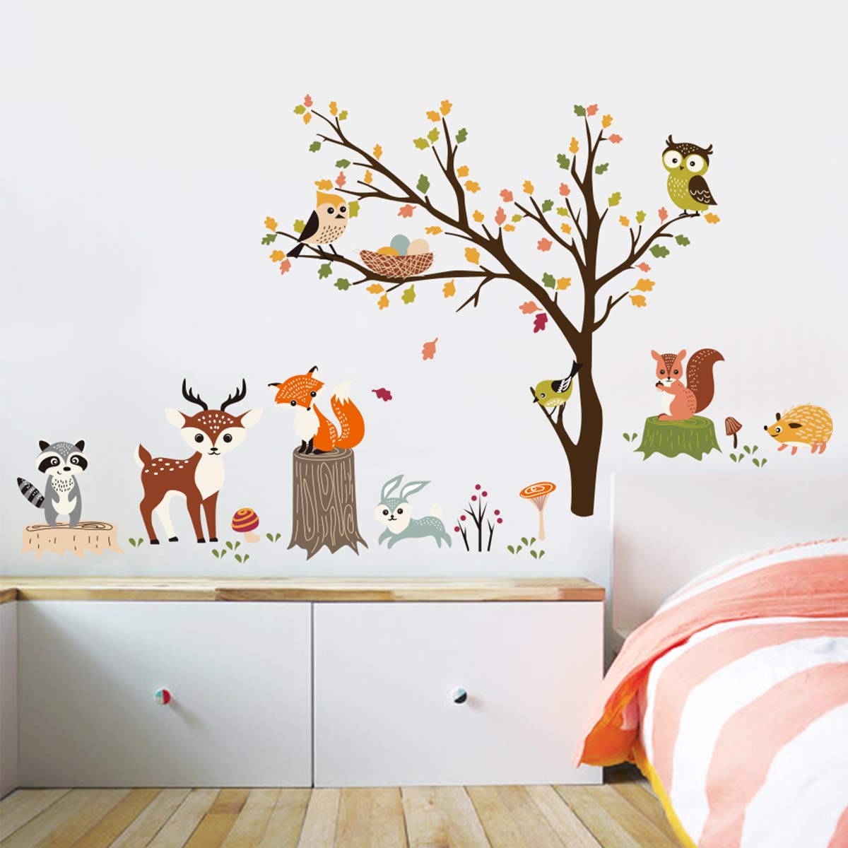 decalmile Woodland Wall Decals Animals Tree Owl Fox Deer Wall Stickers Kids Bedroom Baby Nursery Wall Decor