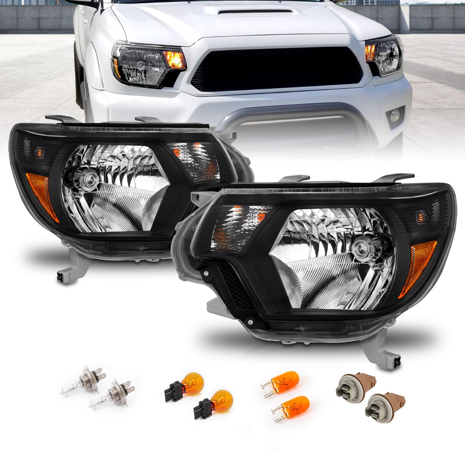 AmeriLite For 2012-2015 Toyota Tacoma Black Replacement Headlights Assembly Pair - Driver and Passenger Side