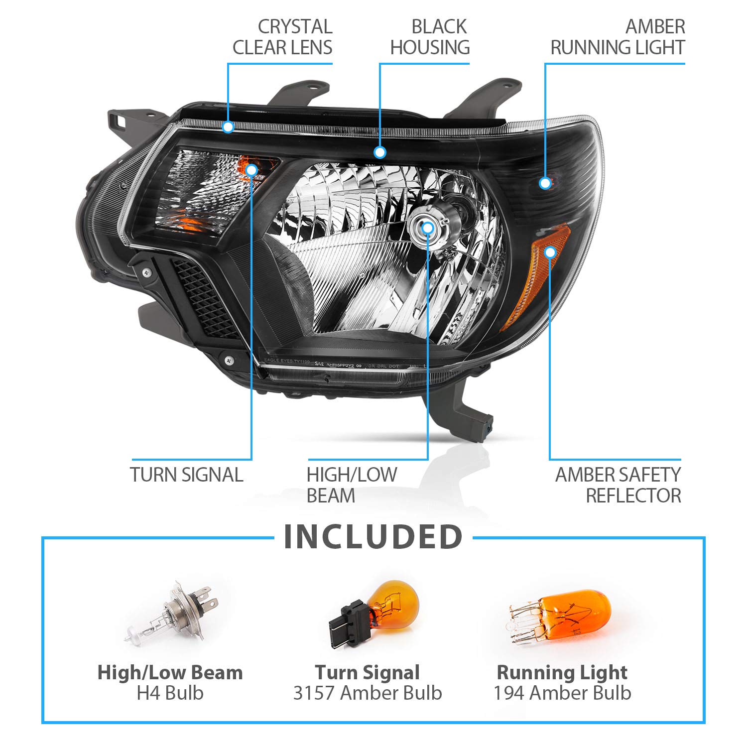 AmeriLite For 2012-2015 Toyota Tacoma Black Replacement Headlights Assembly Pair - Driver and Passenger Side