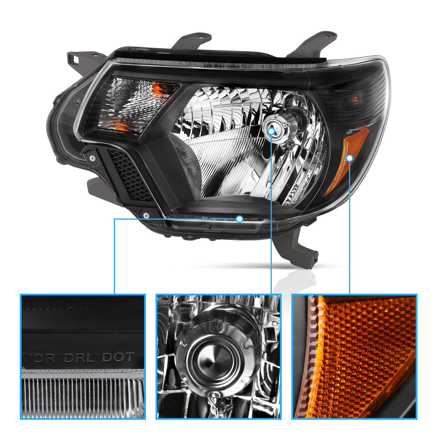 AmeriLite For 2012-2015 Toyota Tacoma Black Replacement Headlights Assembly Pair - Driver and Passenger Side