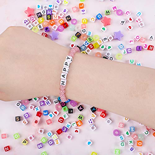 DICOBD 1500pcs Letter Beads Square Alphabet Beads for Bracelets Jewelry Making 11 Styles Cube Beads Transparent Glow in The Dark with 2 Rolls of 9 Meters Elastic String Cord