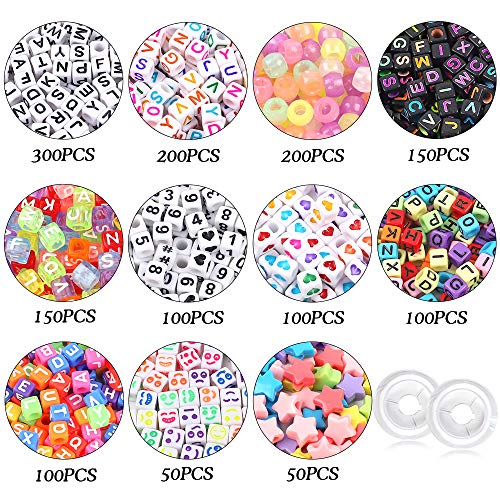 DICOBD 1500pcs Letter Beads Square Alphabet Beads for Bracelets Jewelry Making 11 Styles Cube Beads Transparent Glow in The Dark with 2 Rolls of 9 Meters Elastic String Cord