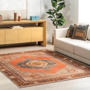 nuloom kamila medallion 8x10 machine washable area rug for living room bedroom dining room kitchen, orange/ivory