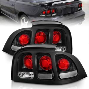 amerilite for 1994-1998 ford mustang black bezel replacement brake lamp taillights set - passenger and driver side