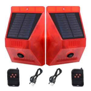 Solar Sound & Light Alarm Motion Sensor: Comboss Solar Strobe Light with Remote Controller, 129 Decibels Siren Sound Alert & 8LEDs Flash Warning Strobe Security Alarm System for Farm Villa - 2 Pack